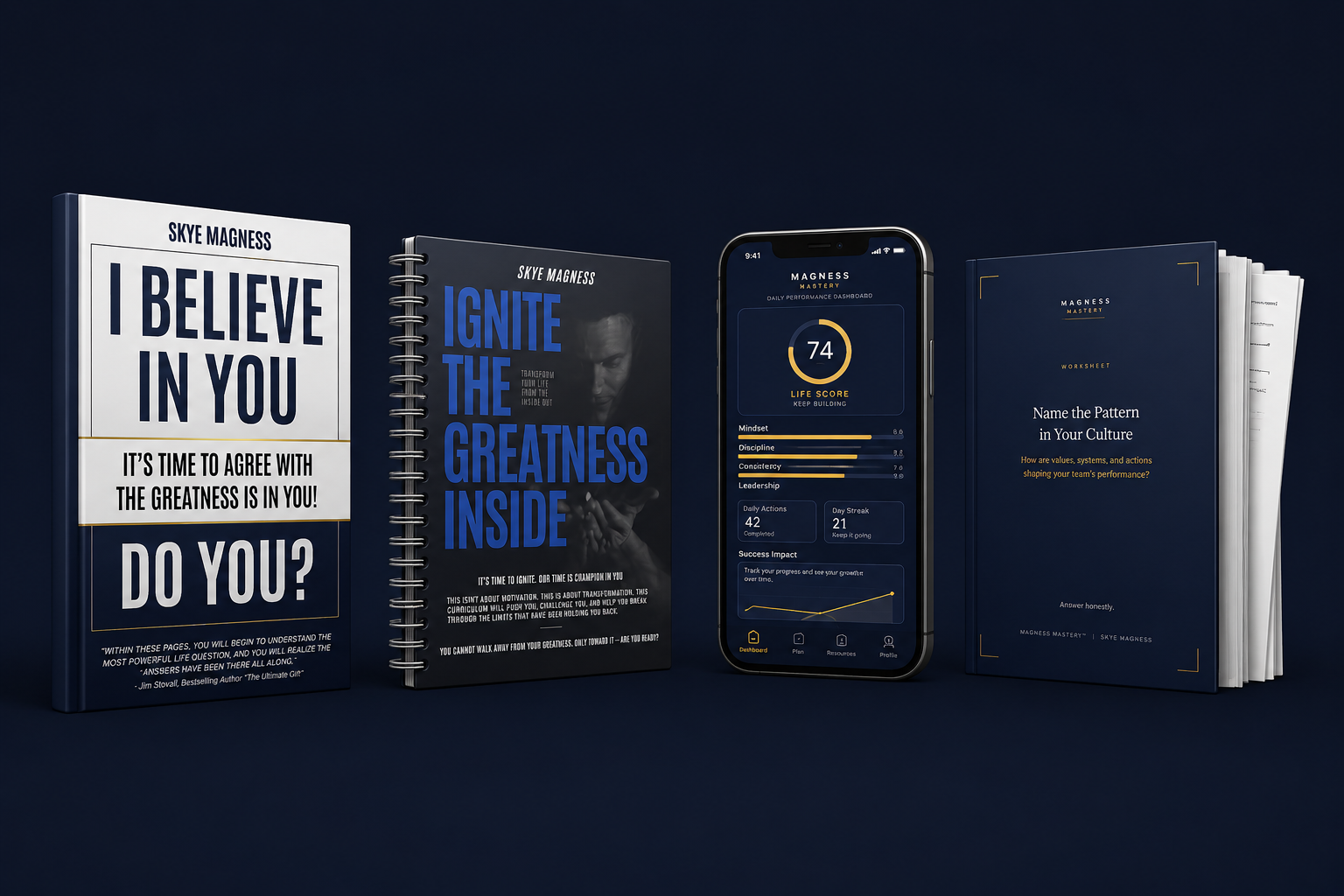 The MAGNESS operating system: I Believe In You book, Ignite The Greatness Inside curriculum, the dashboard app, and the Mastery worksheets.